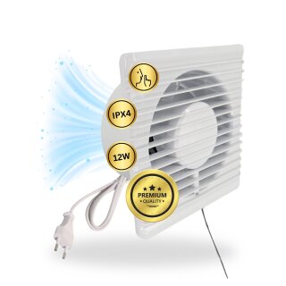 230V Badlüfter mit Kabel Schalter Stecker IPX4 100mm Abluft Zuluft Lüfter Ventilator mit Netzstecker für WC Toilette Keller